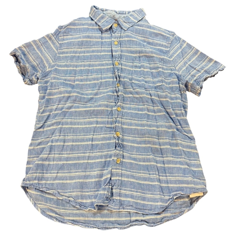 Ben Sherman Mens Blue White Striped Linen Rayon Short Sleeve Button Down Shirt L